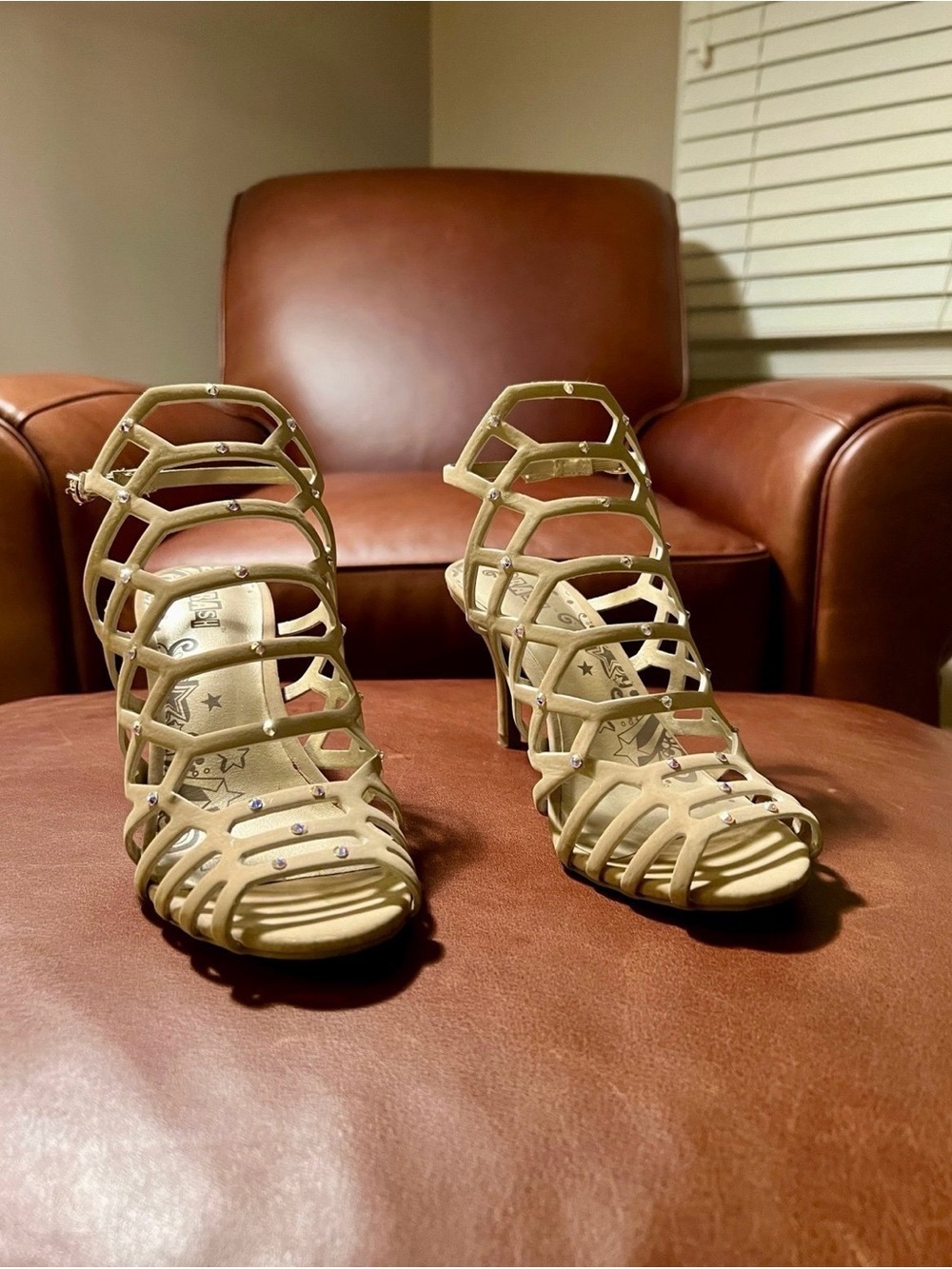 Strappy Rhinestone Cage Heels in Beige - Women